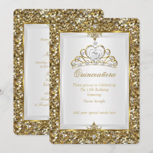 Quinceanera Gold Glitter Weiße Perlen Tiara 2 Einladung