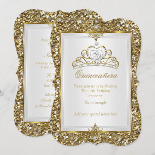 Quinceanera Gold Glitter Weiße Perlen Tiara 2 Einladung