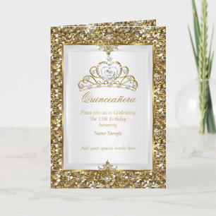 Quinceanera Gold Glitter Weiße Perlen Tiara Foto Einladung