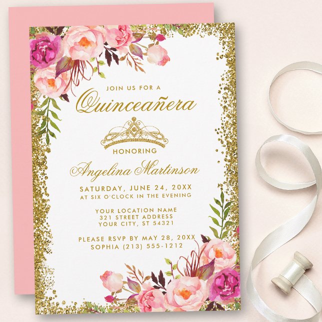 Quinceanera Gold Glitzer Crown Pink Floral Einladung (Customize to change text color, style, add text & photos to back or change color of back of card.)
