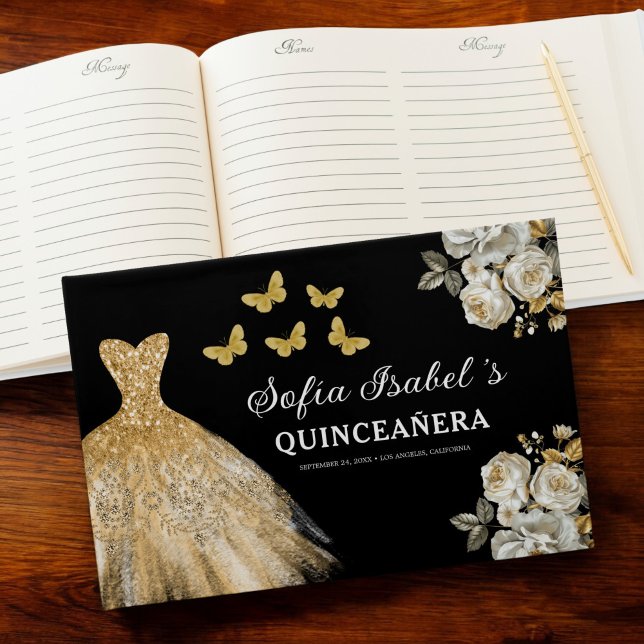 Quinceañera Gold Prinzessin Blumenschmetterlinge Gästebuch (Von Creator hochgeladen)
