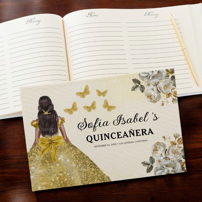 Quinceañera Gold Prinzessin Blumenschmetterlinge Gästebuch (Von Creator hochgeladen)