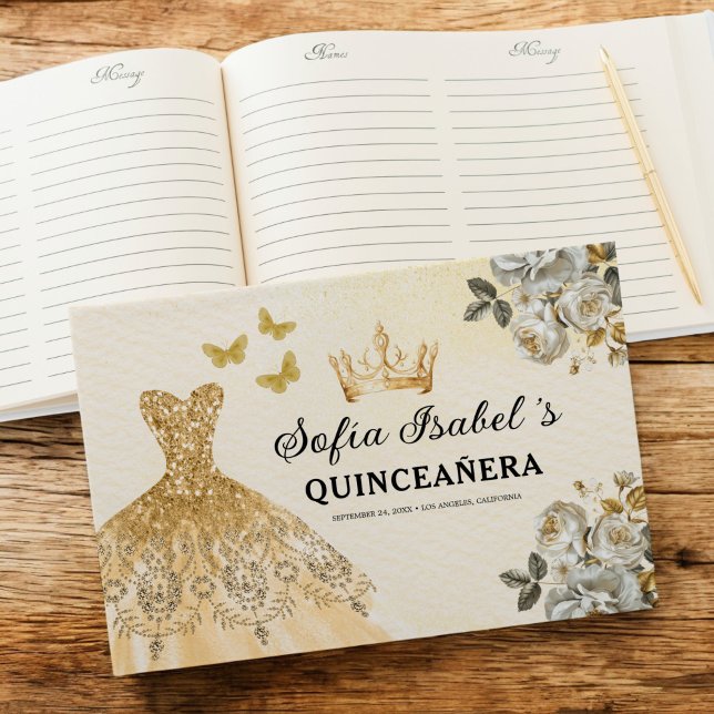 Quinceañera Gold Prinzessin Blumenschmetterlinge Gästebuch (Von Creator hochgeladen)
