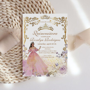 Quinceanera - Gold Rosa Weiß Einladung