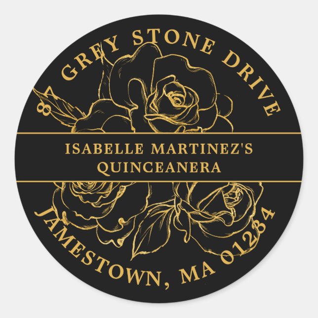 Quinceanera Gold Rose Rücksendeadresse Runder Aufkleber (Vorderseite)