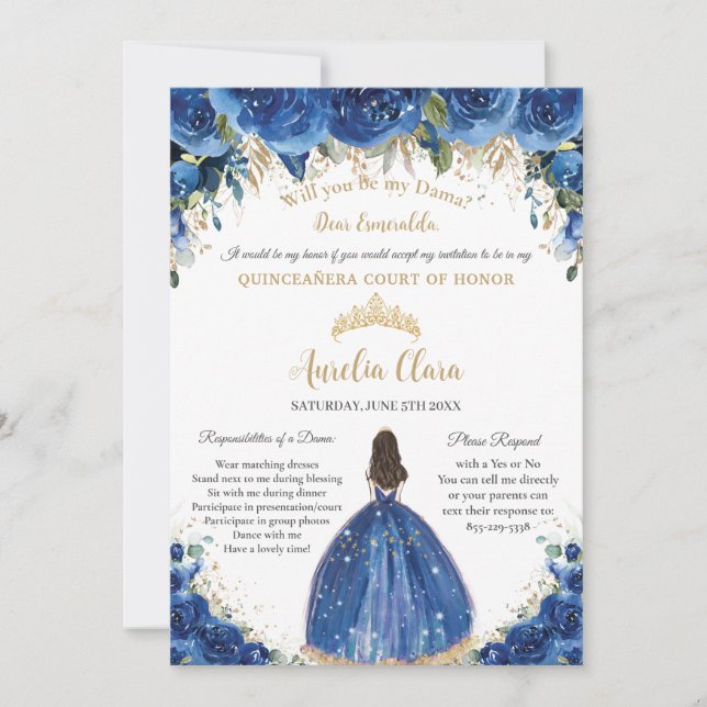 Quinceañera Gold Royal Blue Floral Dama Request Einladung (Vorderseite)