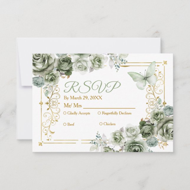 Quinceañera Gold & Sage Green Mexic Rsvp Card Dankeskarte (Vorderseite)