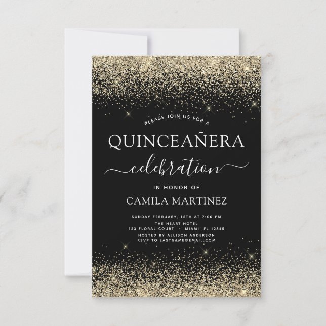 Quinceanera Gold Schwarz Moderner Glitzer Sparkone Einladung (Vorderseite)