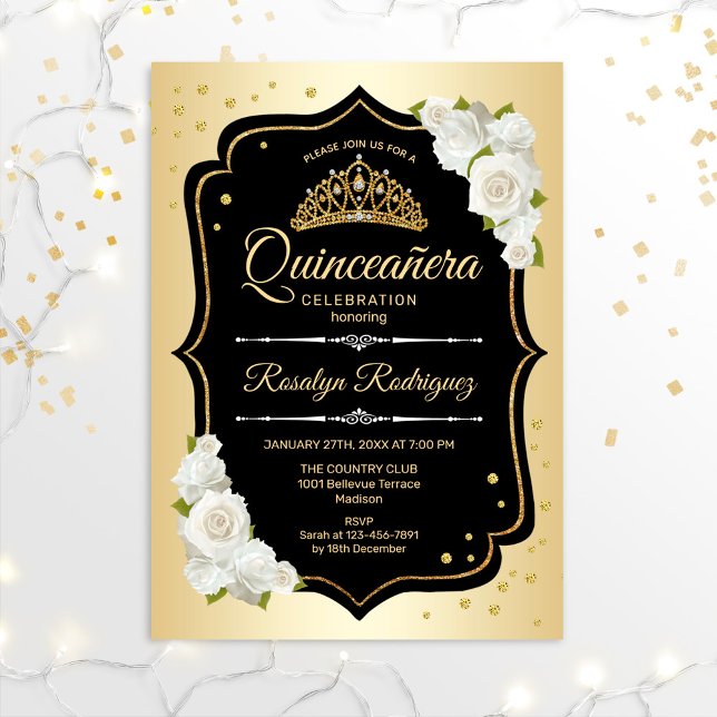 Quinceanera - Gold Schwarz-weiß Einladung (Von Creator hochgeladen)