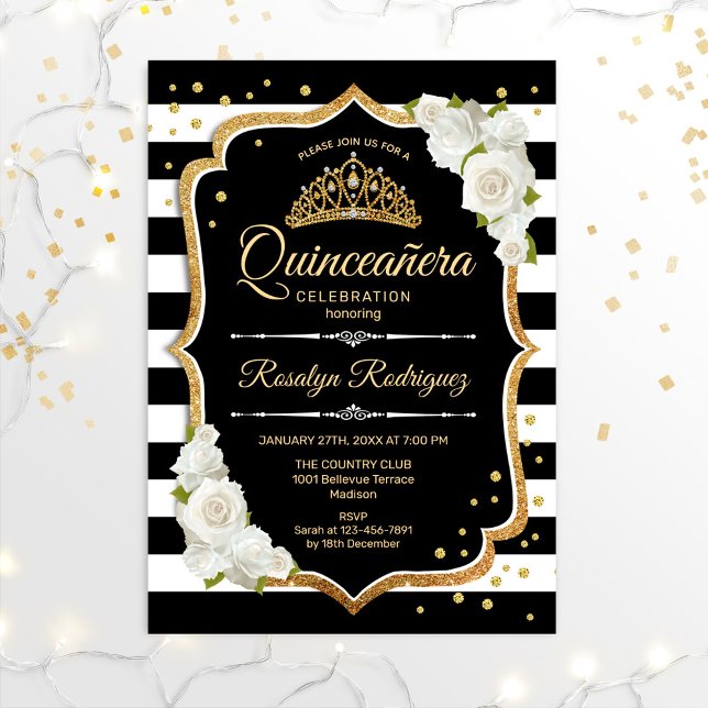 Quinceanera - Gold Schwarz-weiß Einladung (Von Creator hochgeladen)