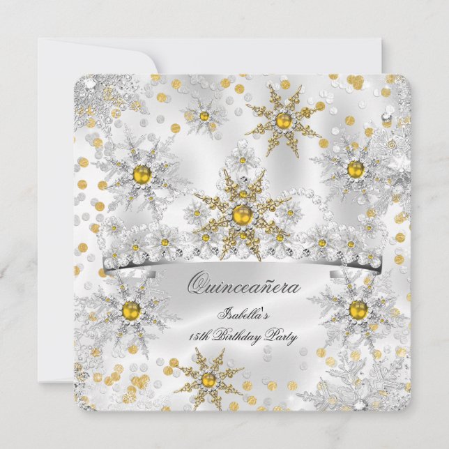 Quinceanera Gold Silver Snow Winter Wonderland Einladung (Vorderseite)