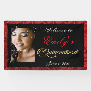 Quinceanera Gold Sparkle, Red Satin Custom Foto, Banner