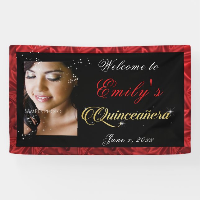 Quinceanera Gold Sparkle, Red Satin Custom Foto, Banner (Horizontal)