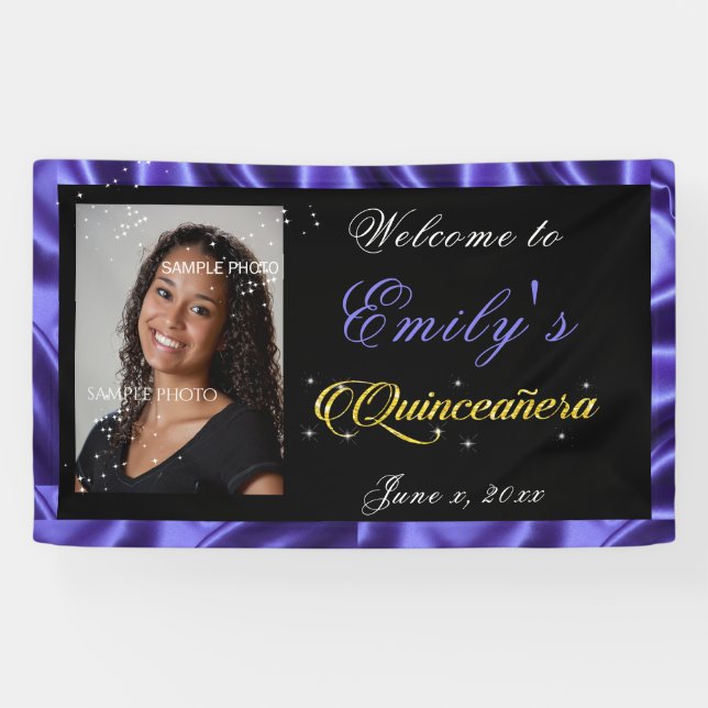 Quinceanera Gold Sparkle Txt, Lila Satin Foto, Banner (Horizontal)