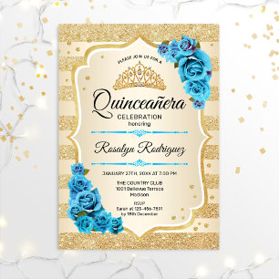 Quinceanera - Gold Streifen Blau Einladung