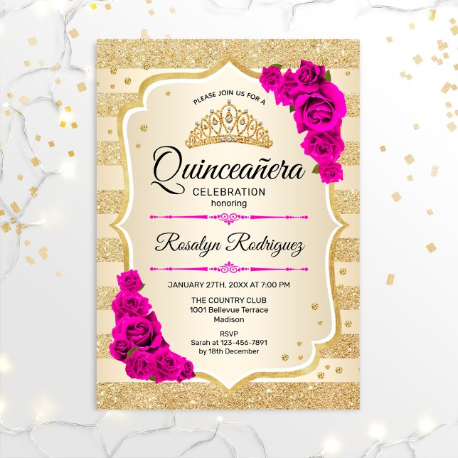 Quinceanera - Gold Streifen rosa Einladung (Von Creator hochgeladen)