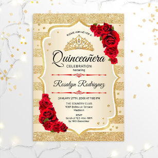 Quinceanera - Gold Streifen rot Einladung