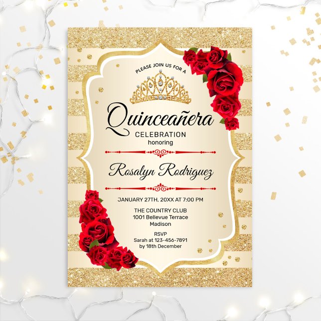 Quinceanera - Gold Streifen rot Einladung (Von Creator hochgeladen)