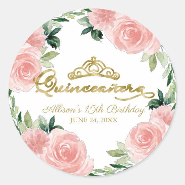 Quinceanera Gold Tiara Blush Pink Blütenklassiker Runder Aufkleber (Vorderseite)