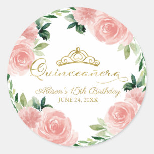 Quinceanera Gold Tiara Blush Pink Blütenklassiker Runder Aufkleber
