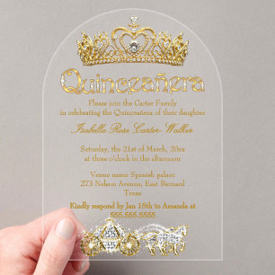 Quinceanera Gold-Tiara Diamanten Prinzessin Kutsch Acryleinladungen