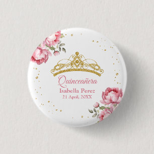 Quinceanera Gold-Tiara Glitter und rosa floral Button