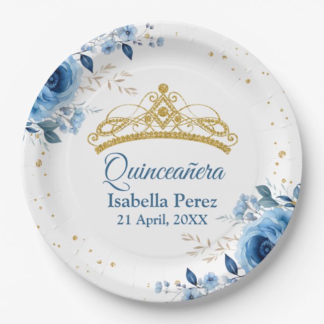 Quinceanera Gold Tiara Glitzer und Blauer Flor Pappteller (Vorderseite)