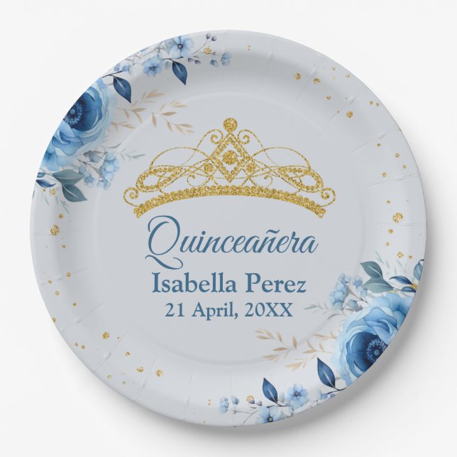 Quinceanera Gold Tiara Glitzer und Blauer Flor Pappteller (Vorderseite)