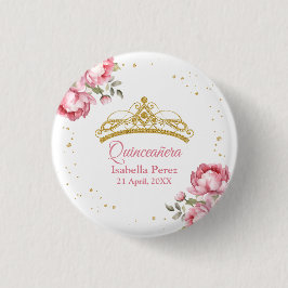 Quinceanera Gold Tiara Glitzer und Pink Floral Button