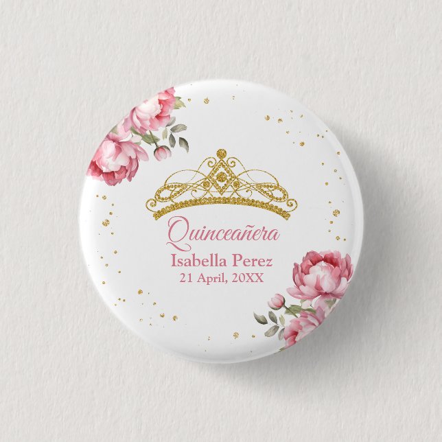Quinceanera Gold Tiara Glitzer und Pink Floral Button (Vorderseite)