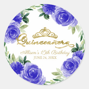 Quinceanera Gold-Tiara Royal Blau Floral Runder Aufkleber