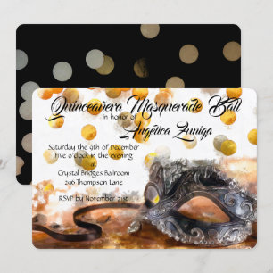 Quinceañera Gold und Black Confetti Masquerade Einladung