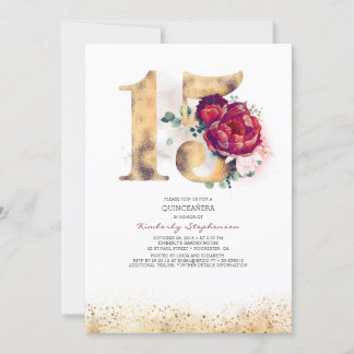Quinceanera Gold und Burgund Rot 15. Geburtstag Einladung