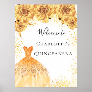 Quinceanera Gold Weiß Kleid Blumen Party Willkomme Poster
