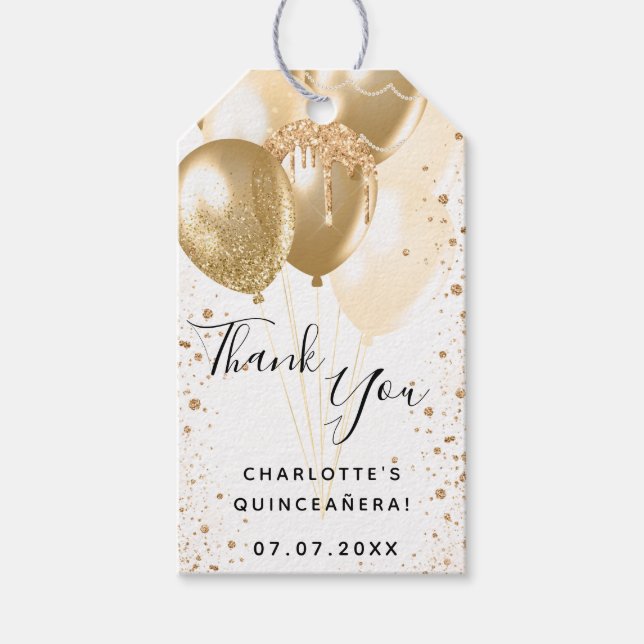 Quinceanera Gold weißen Glitzer Ballon vielen Dank Geschenkanhänger (Vorderseite)