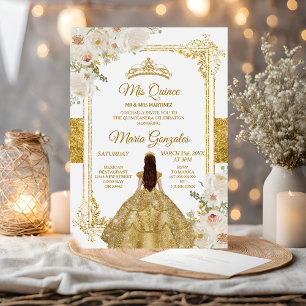 Quinceanera Gold & White Floral Geburtstagskrone Einladung