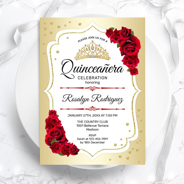 Quinceanera - Gold White Red Einladung (Von Creator hochgeladen)