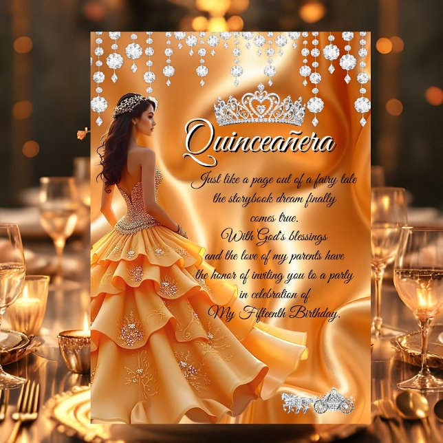 Quinceanera Gold Yellow Orange Carriage Tiara Einladung (Von Creator hochgeladen)