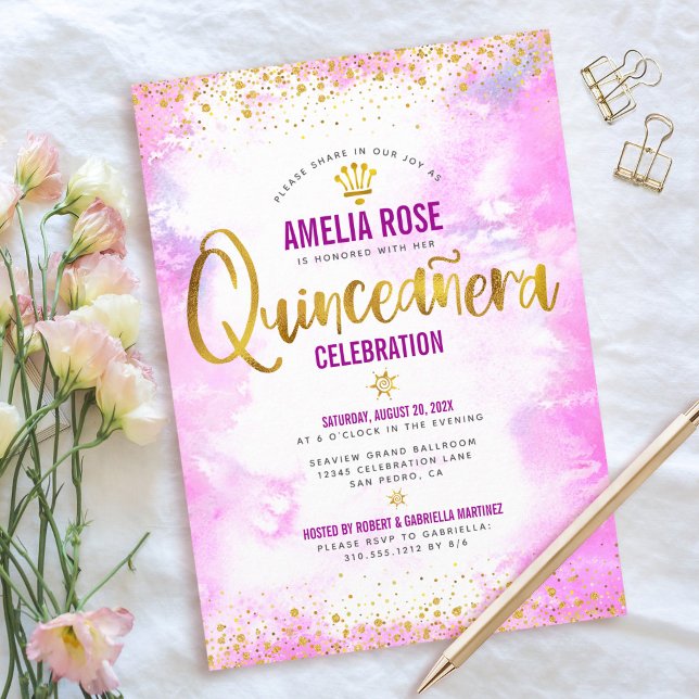 Quinceañera Golden Foil Rosa Aquädukt Einladung (Von Creator hochgeladen)