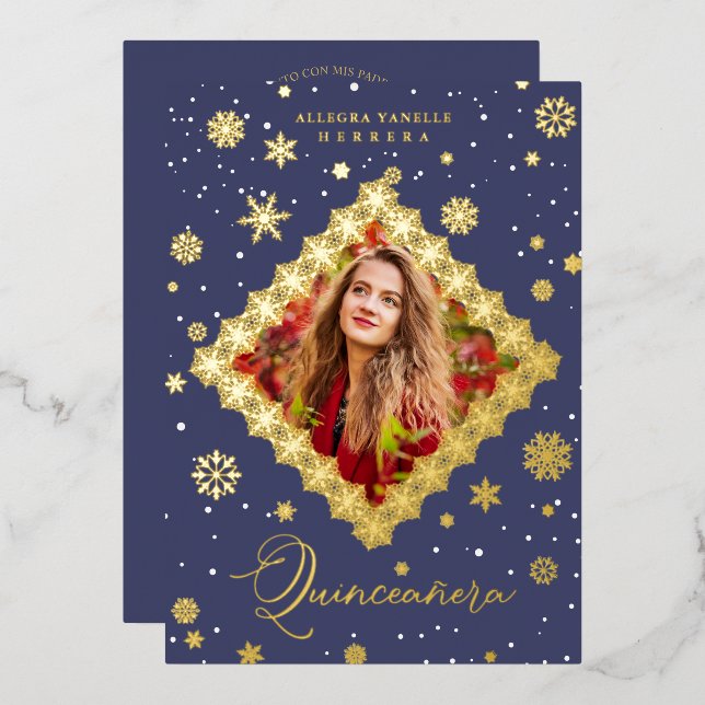Quinceañera Golden Snowflakes Winter Christmas Folieneinladung (Vorderseite/Rückseite)