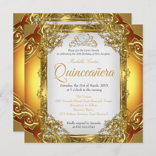 Quinceanera Golden White Pearl Lace Tiara Geburtst Einladung (Vorne/Hinten)