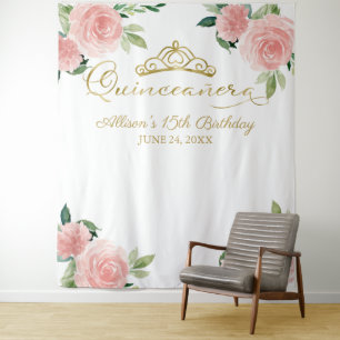 Quinceanera Goldene Foil Tiara Rosa Flora Hintergr Wandteppich