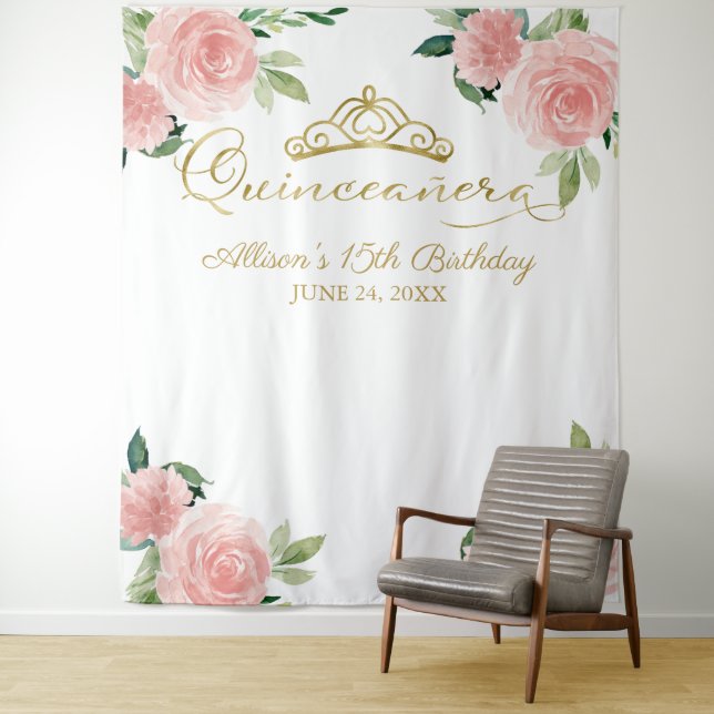 Quinceanera Goldene Foil Tiara Rosa Flora Hintergr Wandteppich (Beispiel)