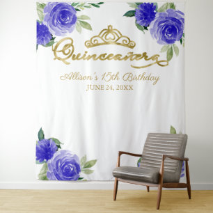 Quinceanera Goldfolien-Tiara Blaue Blumenkulisse Wandteppich