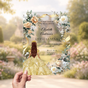 Quinceanera-Goldkleid gelbe Blüten klar Acryleinladungen