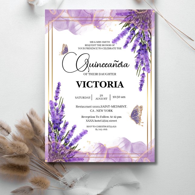 Quinceañera Goldlavene, Lila Bläserschmetterling Einladung (Von Creator hochgeladen)