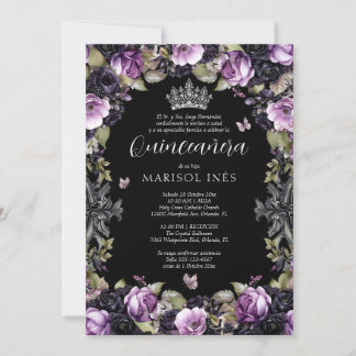 Quinceañera Gótica Morada y Negra con Flores Moody Einladung