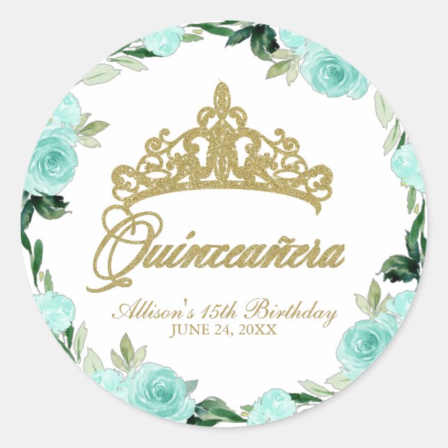 Quinceanera, Gott Glitzer Tiara Aquamarin Runder Aufkleber (Vorderseite)
