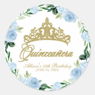Quinceanera Gott Tiara Baby Blau Floral Runder Aufkleber