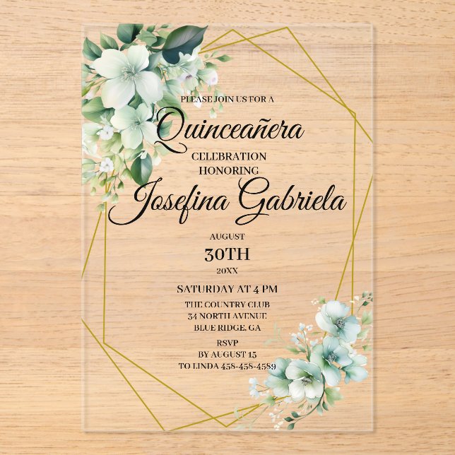 Quinceanera green floral acryleinladungen (Vorderseite)